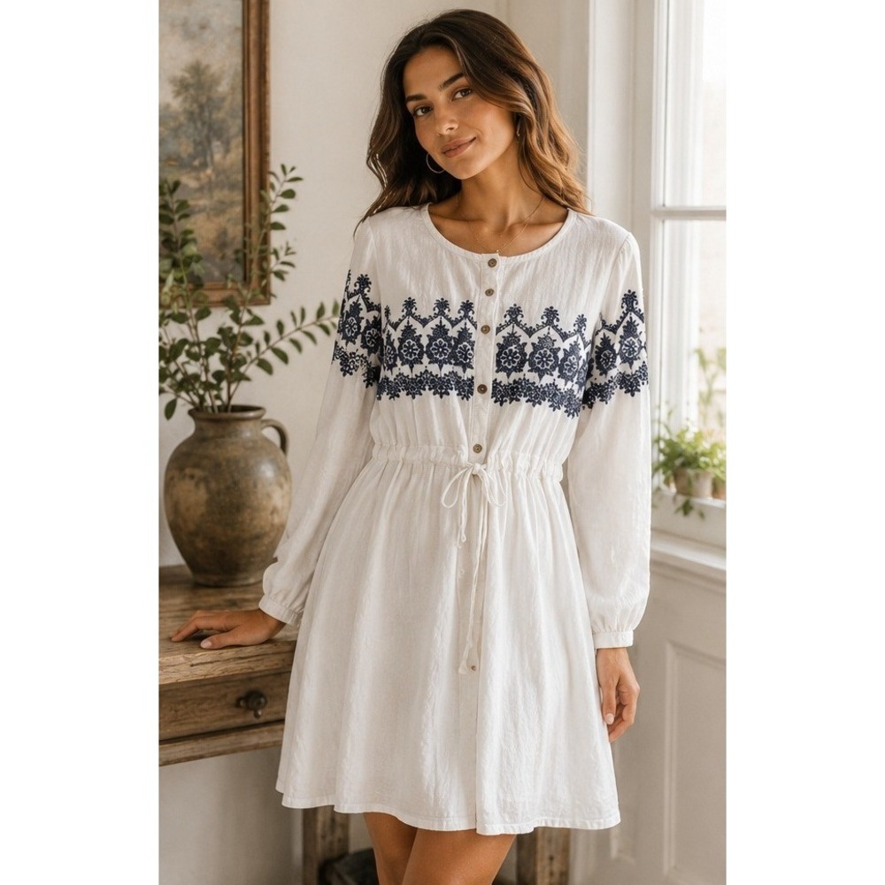White Linen Blend Embroidered Tunic Dress Boho Resort Estimated Medium Umi